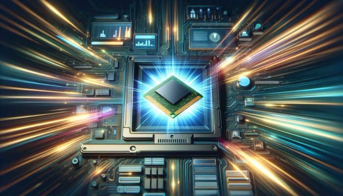 Futuristic interface displaying browser caching icons, central glowing RAM chip, and accelerating data streams.