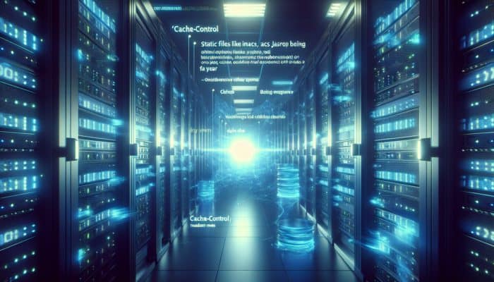 A server room displaying 'Cache-Control' headers, illustrating static files cached for a year to bolster load times.