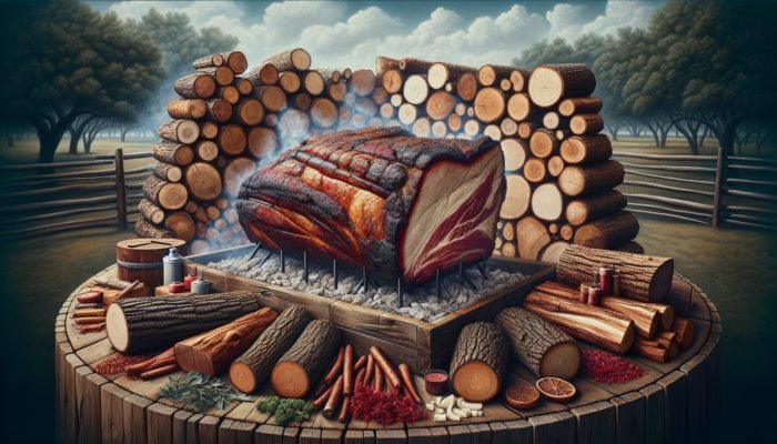 A selection of oak logs (white, red, live) surrounding a smoking brisket in a rustic pit under a clear sky.