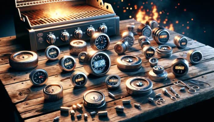 Grill timers displayed on a wooden table: mechanical with dials, digital with countdown features and magnetic backs, adjacent to a lit barbecue grill.