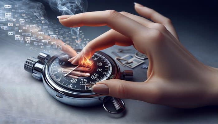 Hand adjusting digital timer settings, stopwatch displaying 10 minutes, grilling scene with smoke and meat.