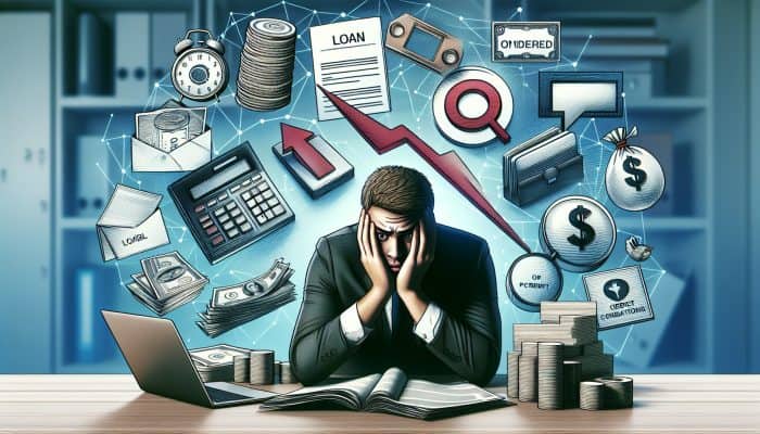 Individual reviewing financial documents and loan offers at a desk, concerned about high interest rates and low credit score.