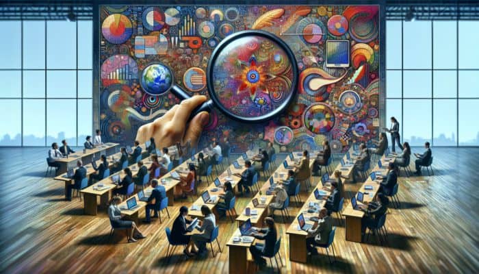 A person using a magnifying glass to analyse charts and graphs, surrounded by trade publications and a laptop at a conference.