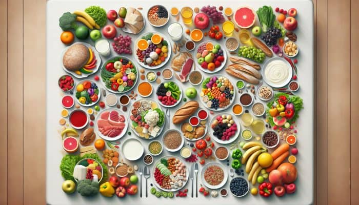 Nutrition for Caregivers: A table with diverse foods from the five food groups, illustrating UK dietary guidelines for balanced nutrition.