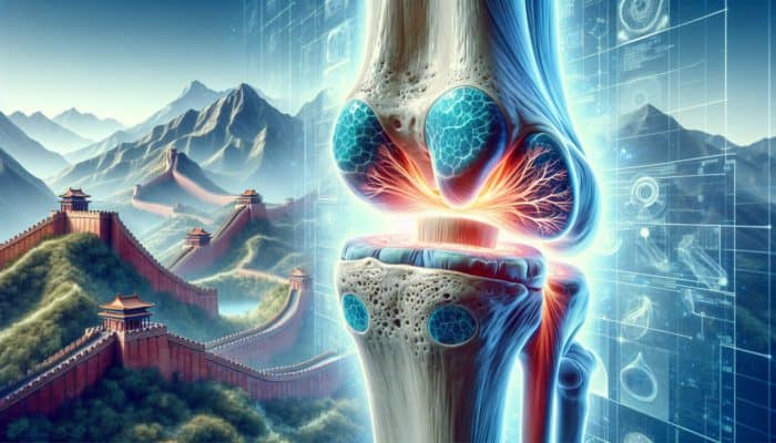 Cross-section of a joint illustrating collagen fibers in cartilage, tendons, and ligaments, set against the Great Wall and Andes.