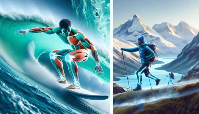 Athlete surfing in Hawaii and hiking the Alps, with tendons and ligaments highlighted in blue, symbolising Type I collagen support for joint health.