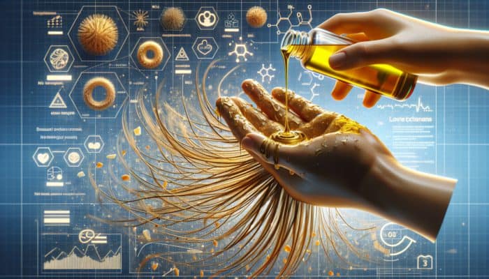 A hand applying coconut oil to dry hair, showing deep moisture and hydration.