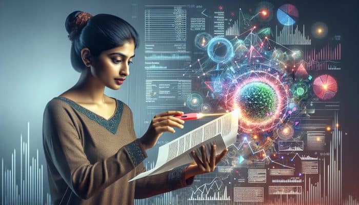 A person examining a credit report, highlighting errors and financial data with graphs and charts.