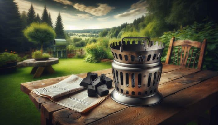 A steel chimney starter on a wooden table in a backyard, with newspaper and charcoal, surrounded by greenery and distant state park views.