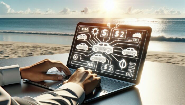 Individual on beach using laptop to negotiate car rental terms online, showcasing various car options and prices.