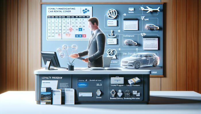 Individual negotiating at car rental counter with travel materials and loyalty cards on desk.