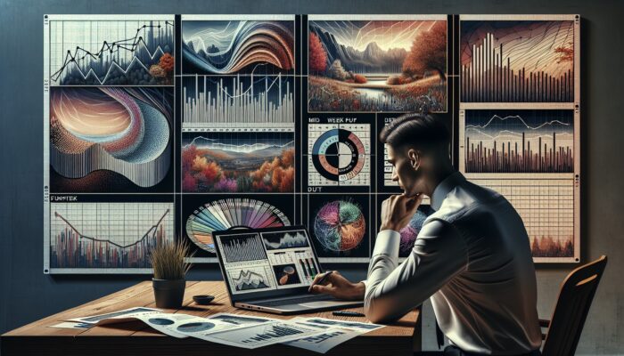 Individual using laptop to assess market trends, with a calendar showing mid-week dates circled and seasonal landscapes in the background.