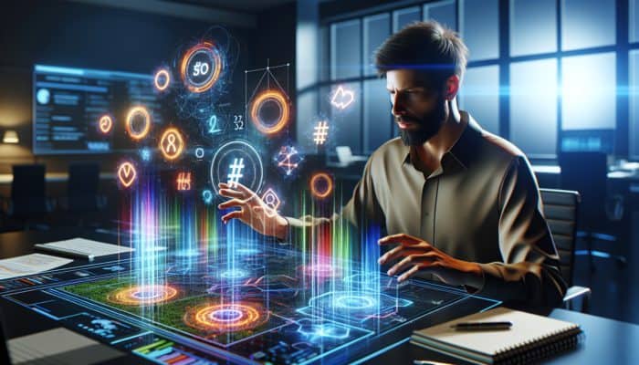 A digital marketing professional examining trending hashtags on an advanced screen featuring SEO graphs and vibrant data visualisations in a contemporary office.