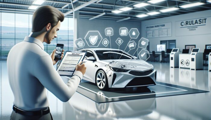 Individual inspecting rental car, documenting damages, with insurance documents and checklist at a modern facility.