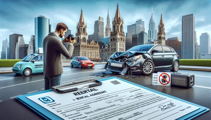 Individual documenting damage to rental car with agreement and emergency contacts in an international city.
