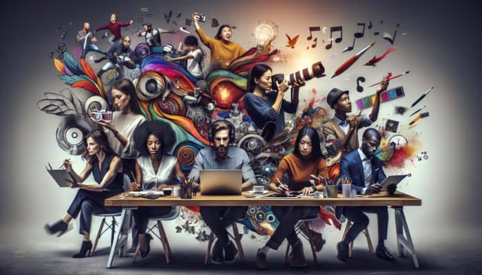 Diverse team collaborates, creating engaging, high-quality content with a rich tapestry of ideas.