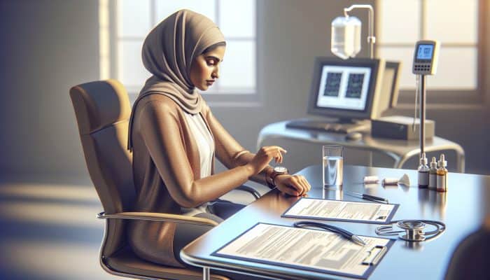 A person in a clinic, checking the time and holding water, with medical documents, preparing for a diabetes blood test.