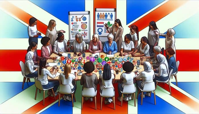Women’s Health and Community Programs: A diverse group of women engaging in health and empowerment workshops in the UK.