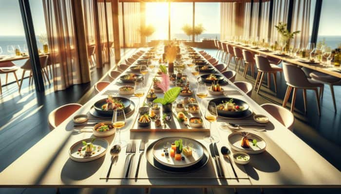 Creating a Multi-Course Tasting Menu: A vibrant and elegantly presented table filled with Mediterranean and Asian fusion dishes in a sunlit modern dining room.