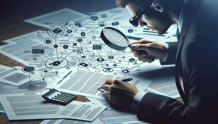 Tips for Faster Debt Consolidation Payoff: UK Strategies | DCL Individual examining a loan agreement with a magnifying glass, surrounded by documents and calculators, focusing on potential hidden fees.