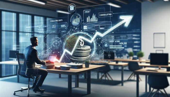 Person managing finances, consolidating debts, improving credit score, symbolized by rising graph and clear path in modern office.