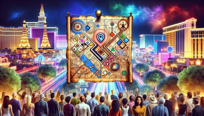 A treasure map of Las Vegas highlighting hidden gems amidst vibrant casino lights and a diverse exploring crowd.