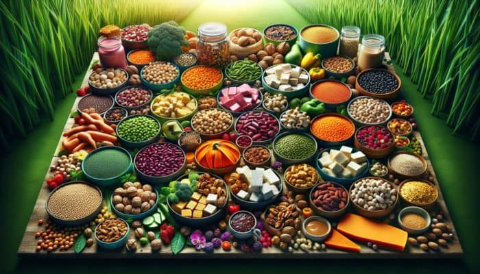 Plant-Based Proteins in Meals: A vibrant display of plant-based proteins, including legumes, grains, nuts, seeds, tofu, tempeh, and seitan on a green backdrop.