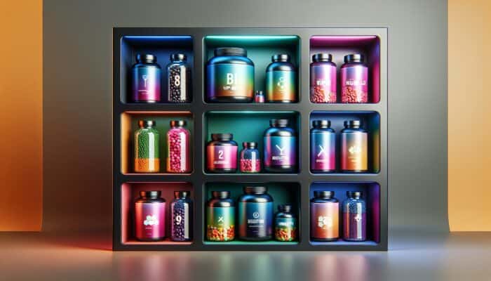 An array of colourful supplement bottles in thematic bundles for various health goals on a modern shelf.