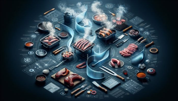 Smoke curtains guiding smoke towards meats on an American barbecue, enhancing flavor.