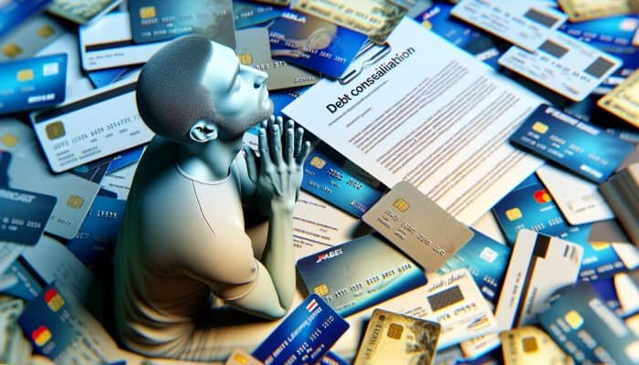 How to Avoid High Debt Consolidation Fees: Person relieved with a single debt consolidation contract amidst scattered credit cards and loan documents.