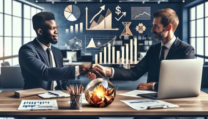 Person in suit shaking hands with banker, surrounded by charts and documents, symbolising successful loan negotiation.