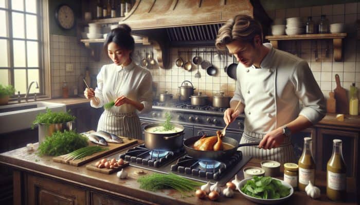 A chef in a rustic British kitchen adding fresh tarragon to chicken sauce, with salad dressing and fish nearby.
