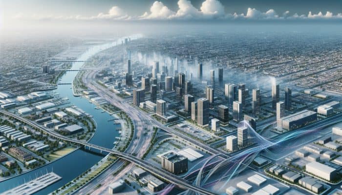 Aerial view of Boksburg with new transport links, commercial developments, upgraded utilities, and community facilities.