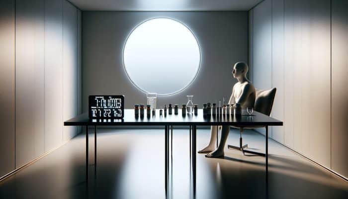 Person fasting for diabetes test, sitting in minimalist room with clock, water, and medication bottles.