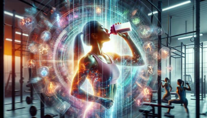 Athlete drinking protein shake post-workout in gym, surrounded by glowing anabolic window.