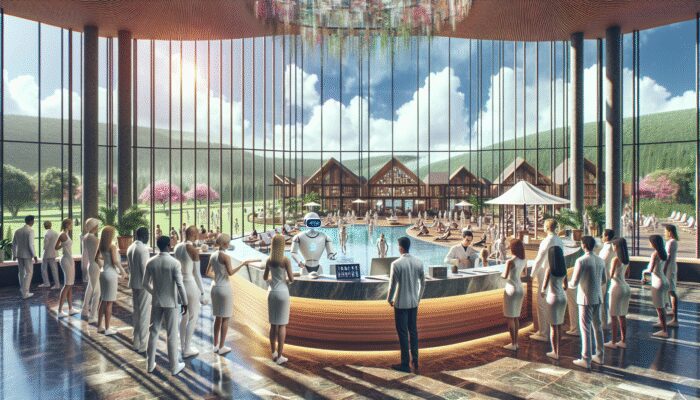 Guests using VR headsets in a luxurious resort lobby, AI concierge robot at front desk, wellness retreat visible.