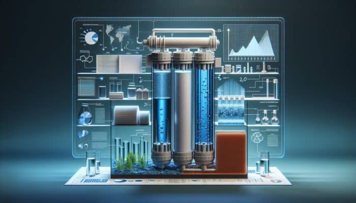 Cross-section of a water filter system with reverse osmosis and activated carbon layers purifying water.