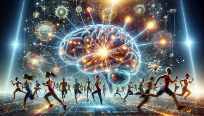 A vibrant brain with glowing neural pathways, set against energetic workout scenes, symbolizing Citicoline's cognitive enhancement.