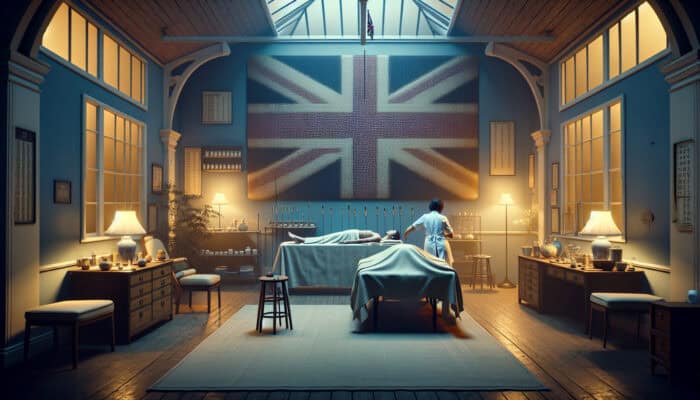 Exploration of Acupuncture Meridians: A 1970s UK clinic merging traditional Chinese acupuncture with contemporary British elements for local patients.