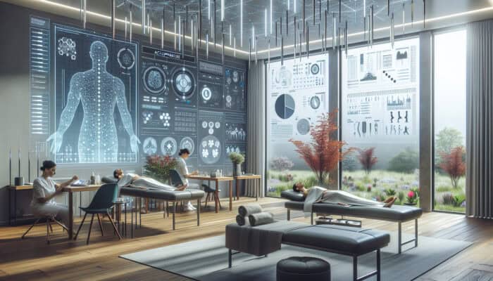 A peaceful clinic room in the UK with patients receiving acupuncture, surrounded by modern technology and natural elements, symbolising holistic health and well-being.