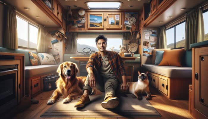 A cozy RV interior with a person, dog, and cat lounging, filled with personal touches and travel mementos.