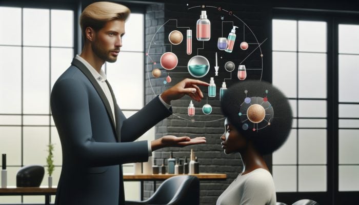 A stylist customizing a volume-enhancing hair care routine in a modern salon, explaining scalp health.