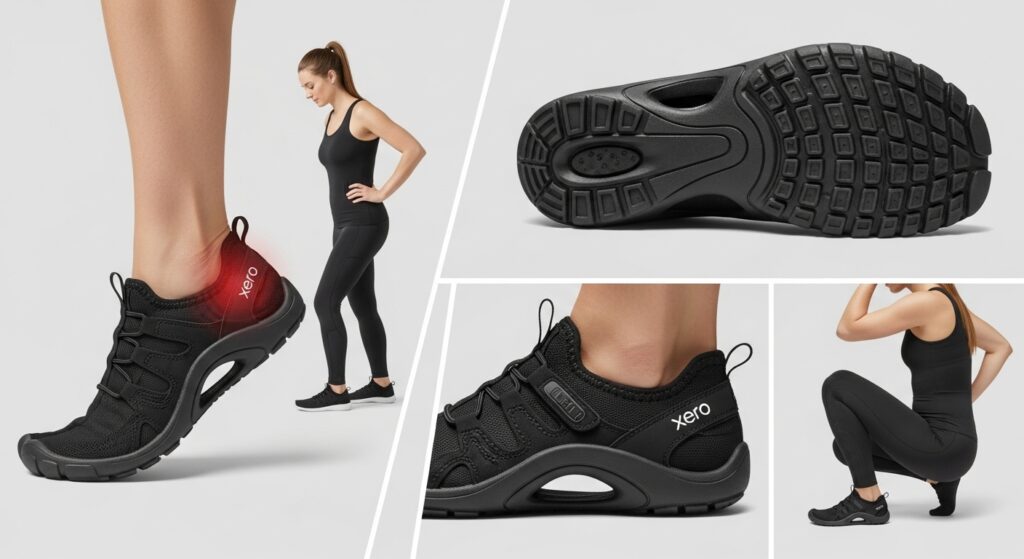 A collage of images showcases a woman in black athletic wear and Xero Shoes standing and squatting, close-ups of the shoes from the side and bottom, and a red highlight on her ankle, emphasizing improved posture in one image.