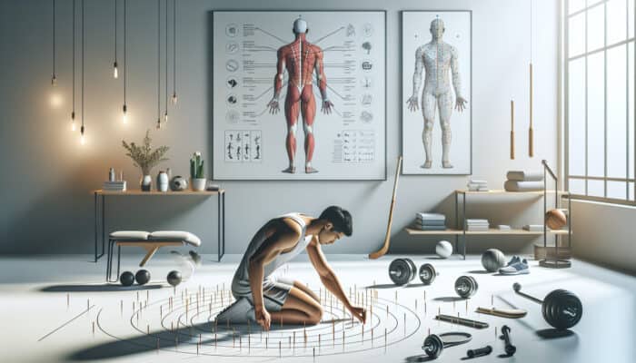 A serene acupuncture session with an athlete in a modern clinic, surrounded by sports equipment and recovery diagrams.