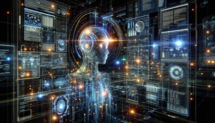 Futuristic virtual assistant with glowing data streams, evolving through real-time user feedback in a high-tech environment.