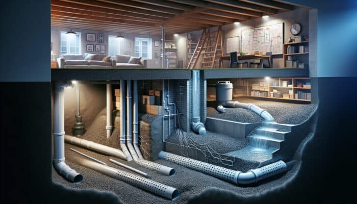 Cross-section of a residential crawl space showing gravel beds, perforated PVC pipes, and sump pump draining water under dim lighting.