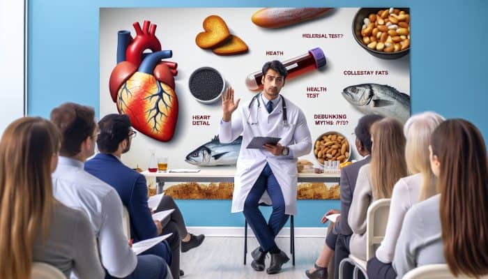 A doctor in a Swansea clinic explains cholesterol testing to adults, holding a test kit and pointing to myth-debunking charts with fish and nuts in the background.