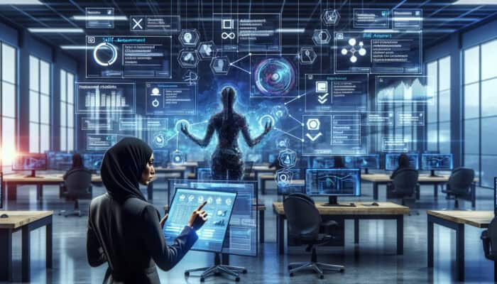 Virtual assistant analyses skill progress graphs on screens, holds self-assessment tablet, and views client feedback in high-tech office.