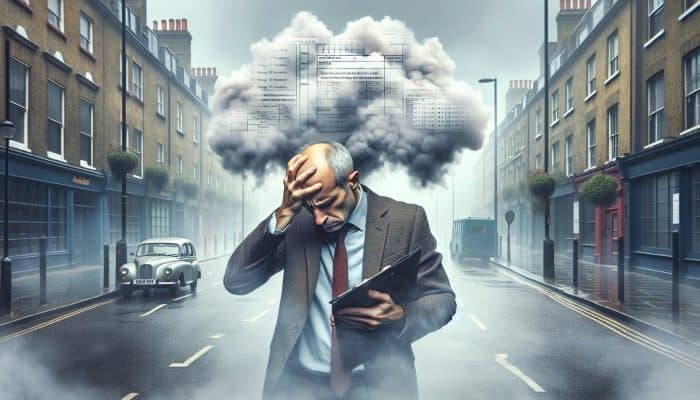 A middle-aged British man in a foggy London street clutches his head in frustration, symbolizing low testosterone's impact on memory and focus.