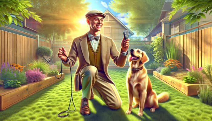 Clicker Training Basics for Dogs: A smiling trainer in a sunny backyard rewards a focused golden retriever with a clicker for sit and stay commands, fostering their joyful bond.